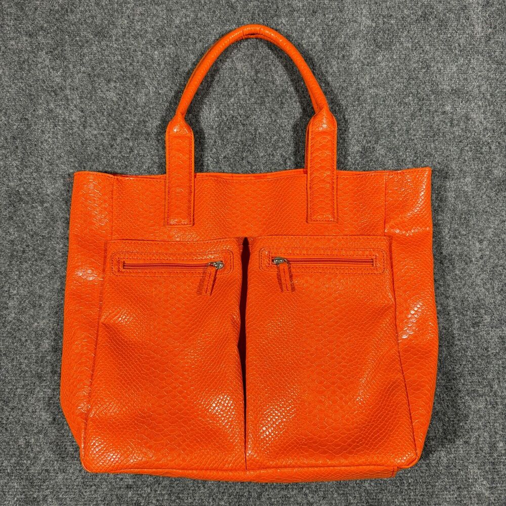 Neiman Marcus Faux Leather Shoulder Tote Bag Orange Snake Skin Pattern Vinyl